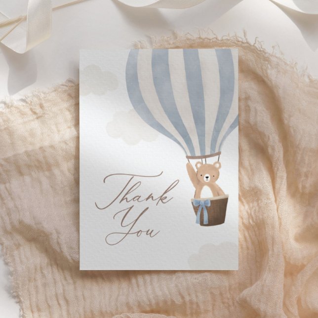 Tarjeta De Agradecimiento Blue Teddy Bear Hot Air Balloon Baby Shower (Subido por el creador)