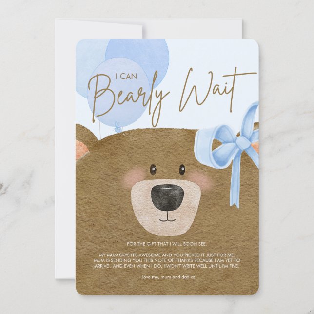 Tarjeta De Agradecimiento Blue Teddy Podemos Embarazar Baby Shower Gemelos D (Anverso)