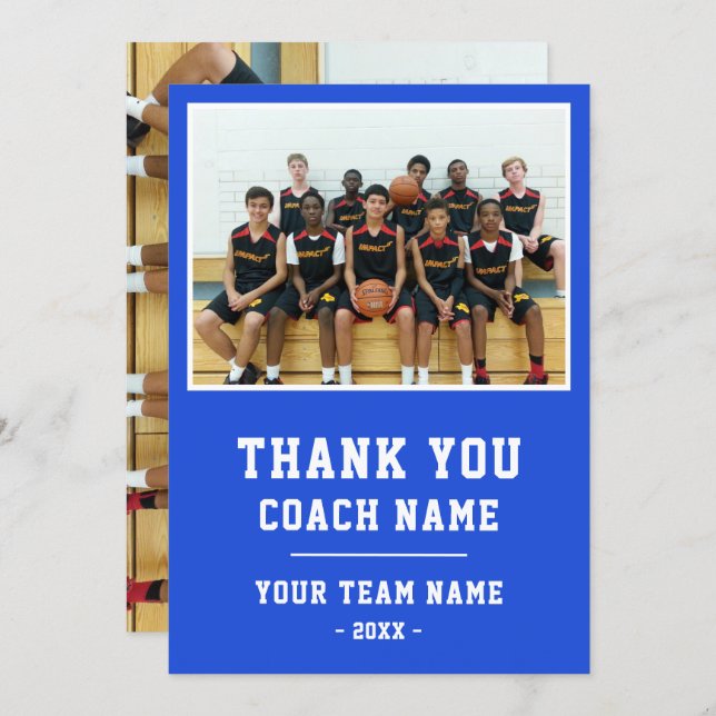 Tarjeta De Agradecimiento Blue Thank you Coach Card Team Name Photo (Anverso / Reverso)