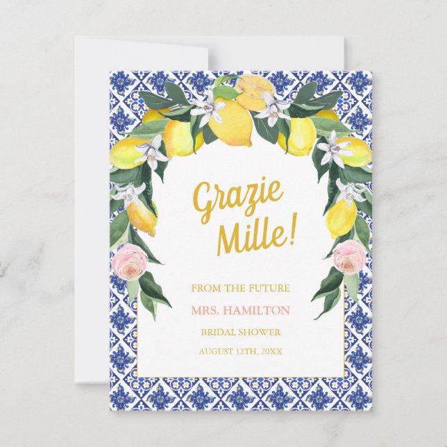 Tarjeta De Agradecimiento Blue Tiles Lemon Grazie Mille Bridal Shower (Anverso)