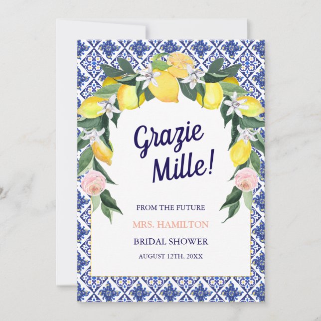 Tarjeta De Agradecimiento Blue Tiles Lemon Grazie Mille Bridal Shower (Anverso)