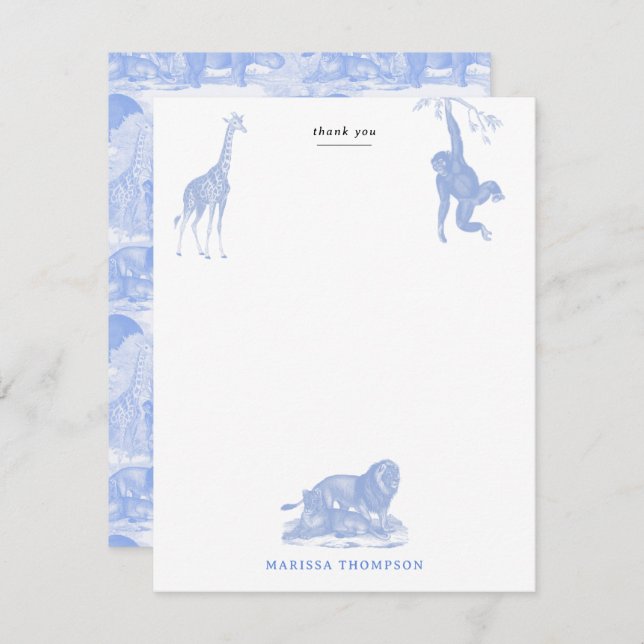 Tarjeta De Agradecimiento Blue Toile Jungle Animals Safari Chinoiserie (Anverso / Reverso)