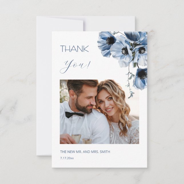 Tarjeta De Agradecimiento Blue Transparent Flowers Wedding Thank You Card (Anverso)