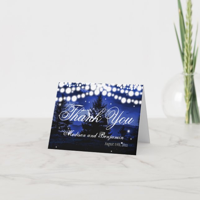 Tarjeta De Agradecimiento Blue Tree Twinkle Lights Boda Gracias Cartas (Anverso)
