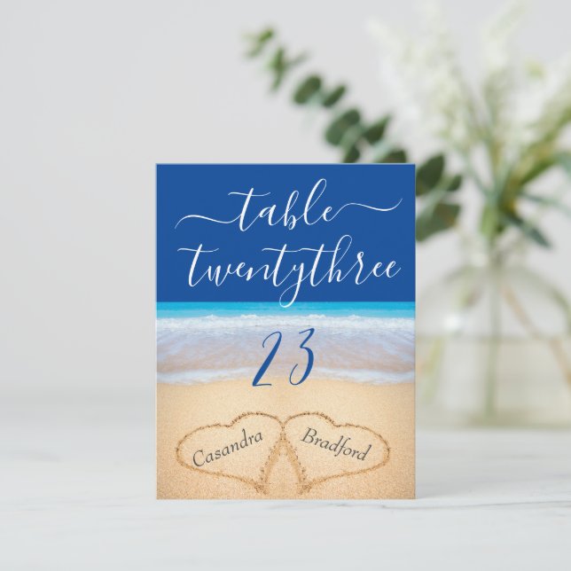 Tarjeta De Agradecimiento Blue Tropical Beach Hearts Boda Número de tabla (Anverso de pie)