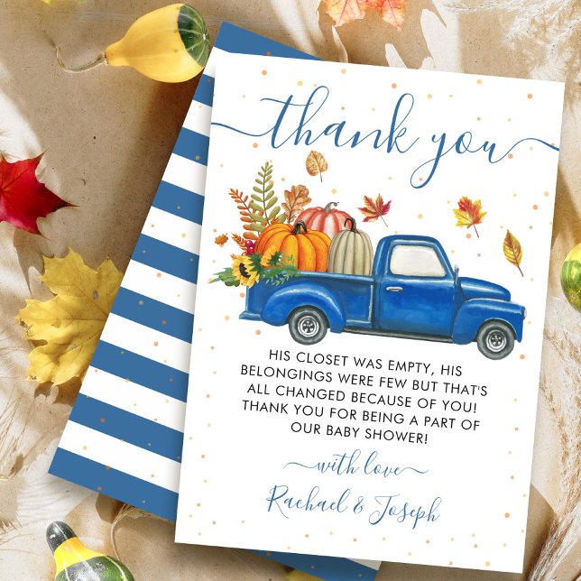 Tarjeta De Agradecimiento Blue Truck Autumn Pumpkin Fall Baby Shower (Subido por el creador)