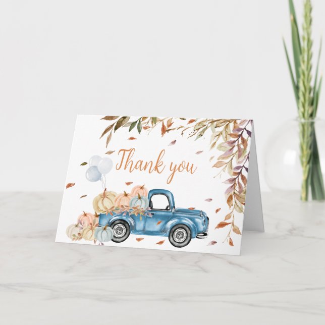 Tarjeta De Agradecimiento Blue Truck Fall Pumpkin Baby Shower (Anverso)