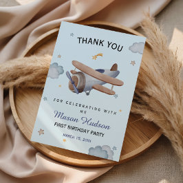 Tarjeta De Agradecimiento Blue Vintage Airplane First Birthday Thank You