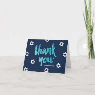 Tarjeta De Agradecimiento Blue Watercolor Bat & Bar Mitzvah Gracias