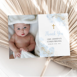Tarjeta De Agradecimiento Blue Watercolor Gold Boy Christening Baptism Photo