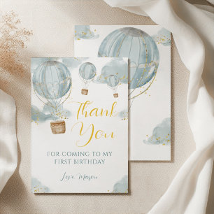 Tarjeta De Agradecimiento Blue Watercolor Hot Air Balloon Boy Cumpleaños