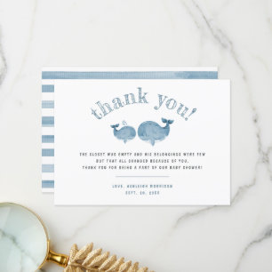 Tarjeta De Agradecimiento Blue Watercolor Whale Boy Baby Shower Gracias
