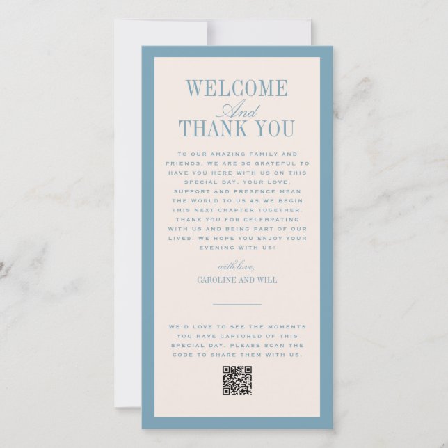 Tarjeta De Agradecimiento Blue Wedding Ceremony or Reception Welcome (Anverso)