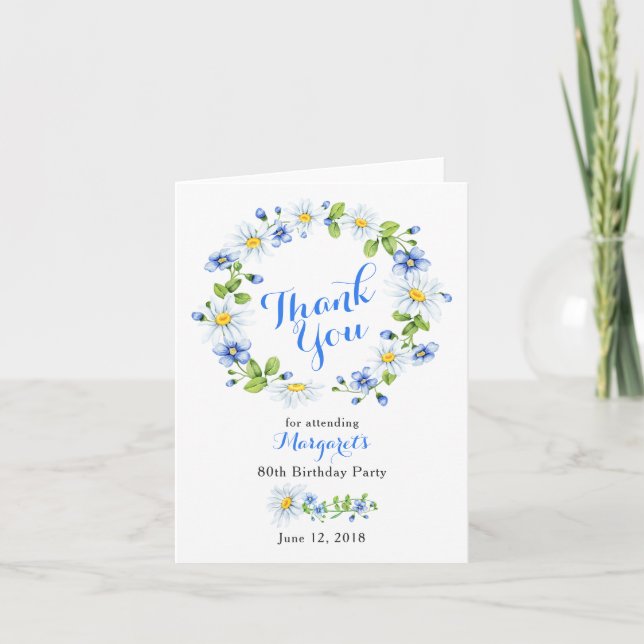 Tarjeta De Agradecimiento Blue White Country Daisy 80 cumpleaños Gracias (Anverso)