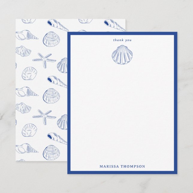 Tarjeta De Agradecimiento Blue White Hand Drawing Sea Shells Beach Summer (Anverso / Reverso)