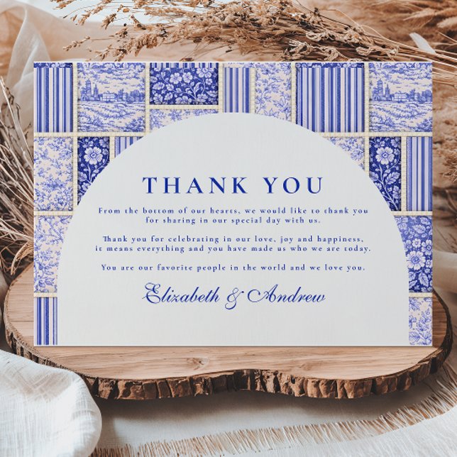 Tarjeta De Agradecimiento Blue White Patchwork Toile Wedding (Subido por el creador)
