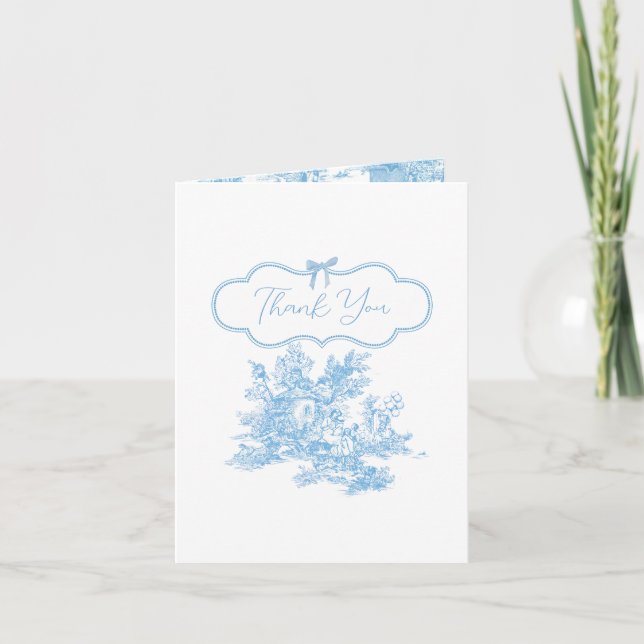 Tarjeta De Agradecimiento Blue White Toile de Jouy Bear Baby Shower (Anverso)