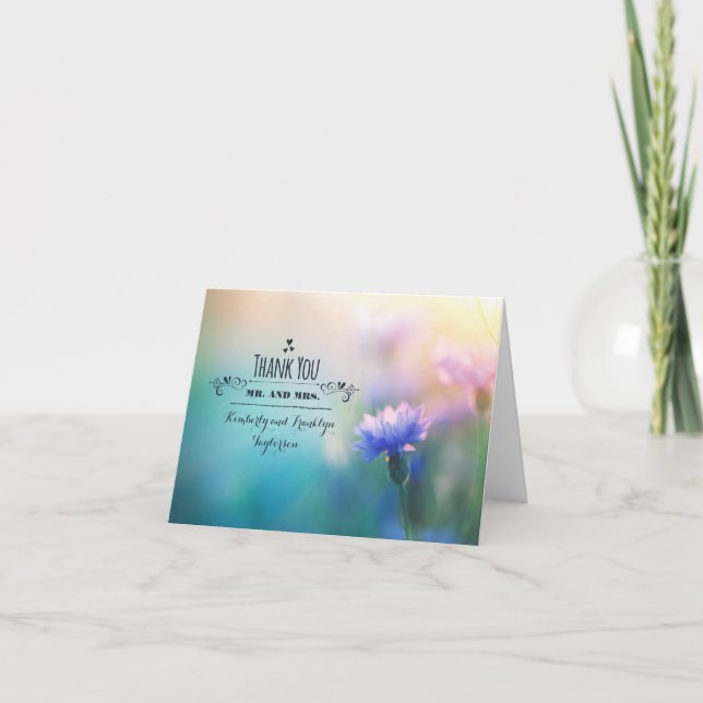 Tarjeta De Agradecimiento Blue Wildflower Romantic Wedding Thank you (Anverso)