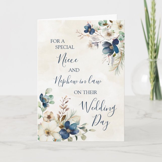 Tarjeta De Agradecimiento Blue Winter Floral Wedding Day Niece Nephew in Law (Anverso)