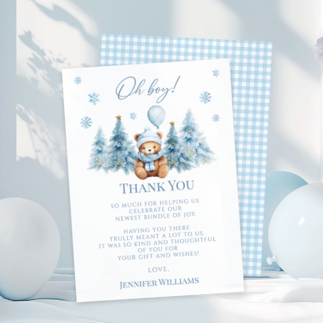 Tarjeta De Agradecimiento Blue Winter Teddy Bear Pine Trees Baby Boy Shower (Subido por el creador)