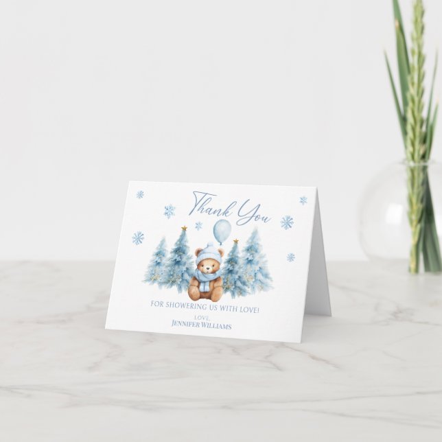 Tarjeta De Agradecimiento Blue Winter Teddy Bear Snowflakes Baby Boy Shower (Anverso)