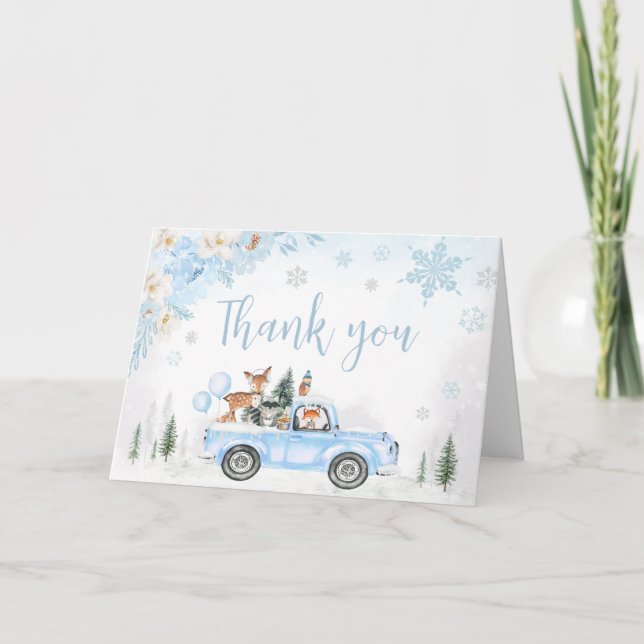 Tarjeta De Agradecimiento Blue Winter Woodland Truck Baby Shower (Anverso)