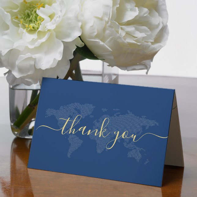 Tarjeta De Agradecimiento Blue World Map Photo Destination Wedding Gracias (Subido por el creador)