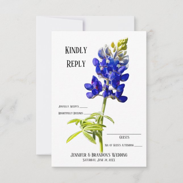 Tarjeta De Agradecimiento Bluebonnet Floral en Blanco, RSVP de Boda, (Anverso)
