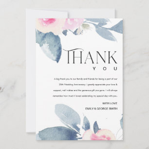 TARJETA DE AGRADECIMIENTO BLUSH BLANCO AZUL FLORAL 25 AÑOS ANIVERSARIO