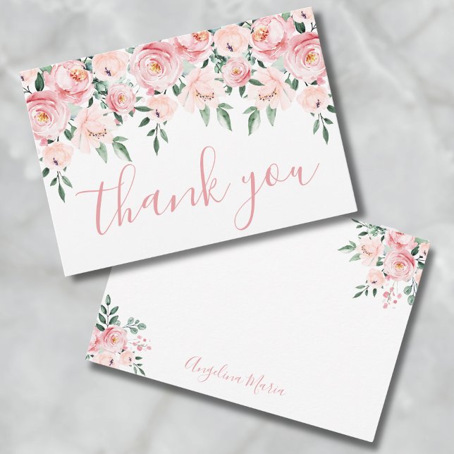 Tarjeta De Agradecimiento Blush Floral Rosa Quinceañera (Floral Blush Pink Quinceañera Thank You Card)