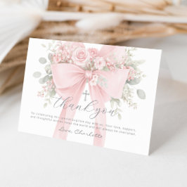Tarjeta De Agradecimiento Blush Pink Bow Floral Baby Girl Baptism