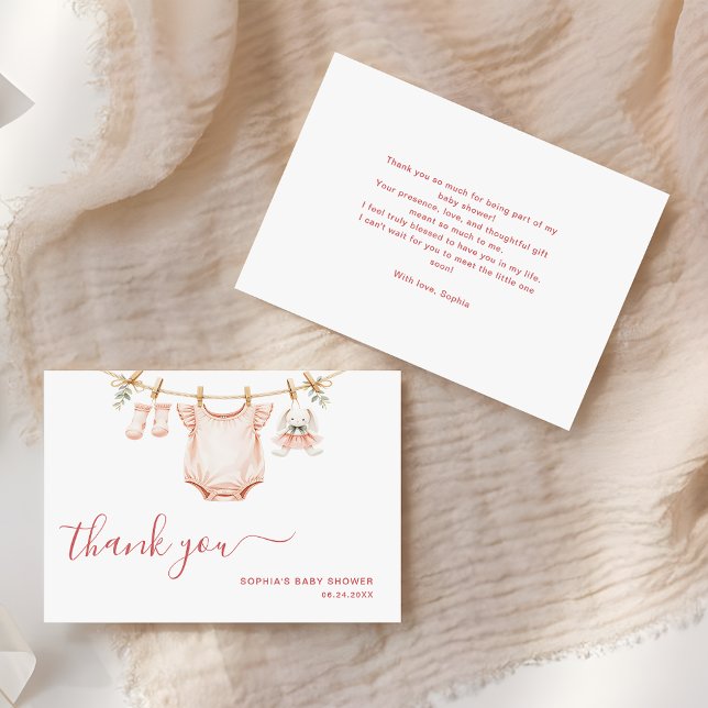 Tarjeta De Agradecimiento Blush Pink Clothesline Girly Modern Baby Shower (Subido por el creador)