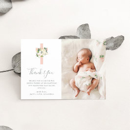 Tarjeta De Agradecimiento Blush Pink Cross and White Flowers | Photo Baptism