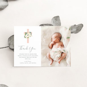 Tarjeta De Agradecimiento Blush Pink Cross and White Flowers Photo Baptism