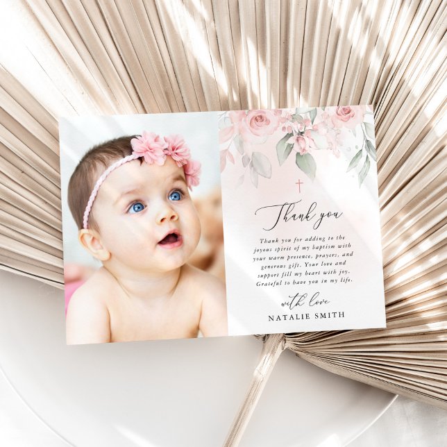 Tarjeta De Agradecimiento Blush Pink Flowers, Greenery, Boho, Floral Baptism (Subido por el creador)