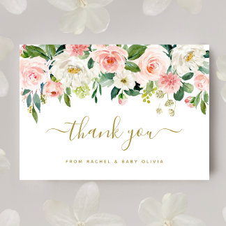 Tarjeta De Agradecimiento Blush Pink Gold Floral Baby Shower Thank You