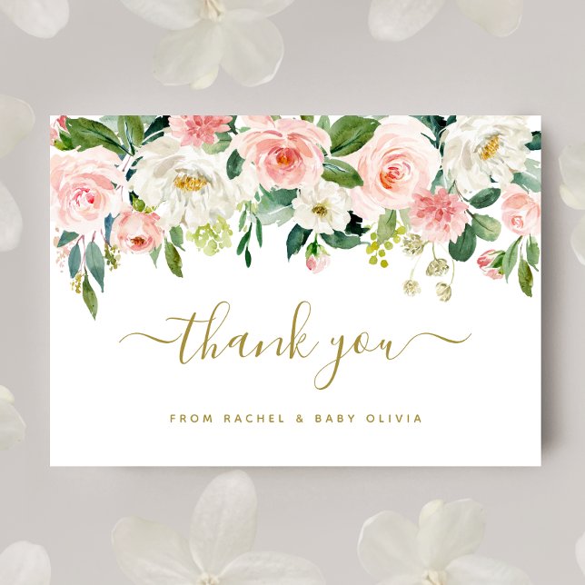 Tarjeta De Agradecimiento Blush Pink Gold Floral Baby Shower Thank You (Pink Floral Thank You Card)