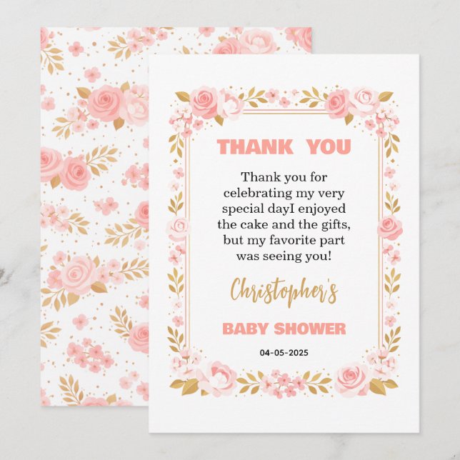 Tarjeta De Agradecimiento Blush Pink & Gold Floral Girl Baby Shower (Anverso / Reverso)