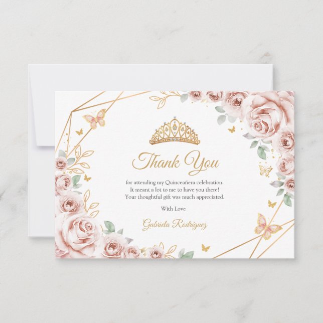 Tarjeta De Agradecimiento Blush Pink Gold Floral Quinceanera (Anverso)