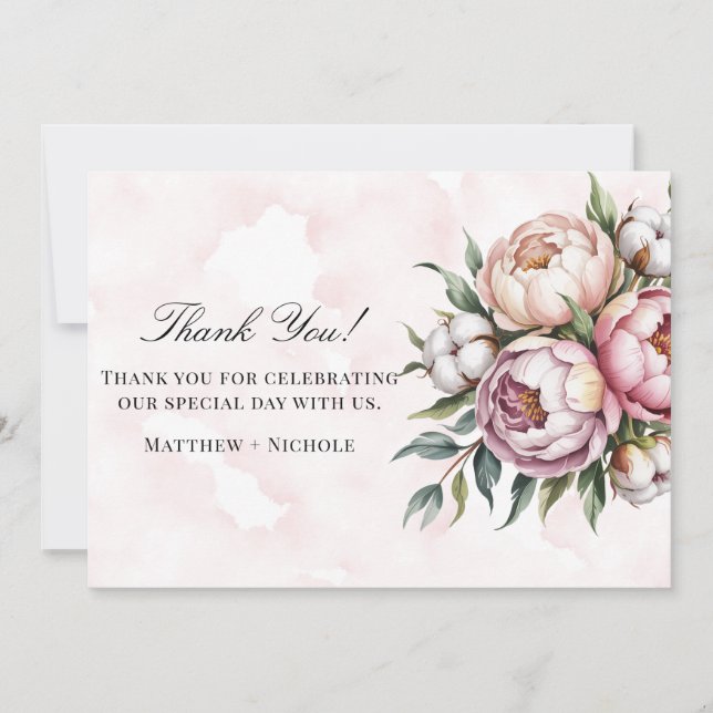 Tarjeta De Agradecimiento Blush Pink Peony and Cotton Wedding (Anverso)