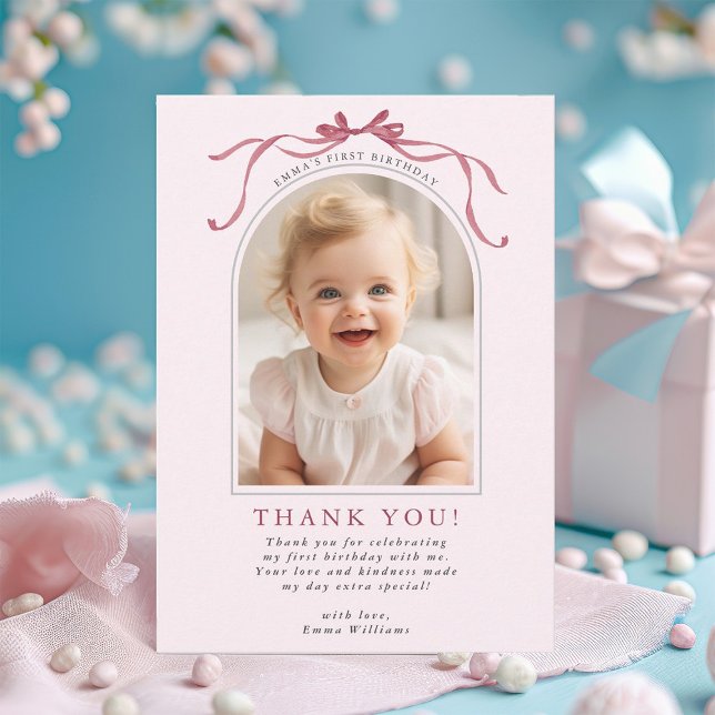 Tarjeta De Agradecimiento Blush Pink Red Bow Birthday Arch Photo (Subido por el creador)