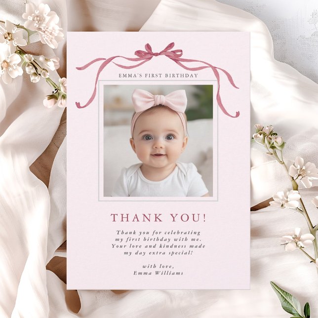 Tarjeta De Agradecimiento Blush Pink Red Bow Birthday Photo (Subido por el creador)
