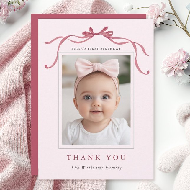 Tarjeta De Agradecimiento Blush Pink Red Bow Minimal Birthday Photo  (Subido por el creador)