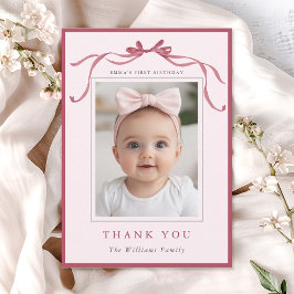 Tarjeta De Agradecimiento Blush Pink Red Bow Simple Birthday Photo 