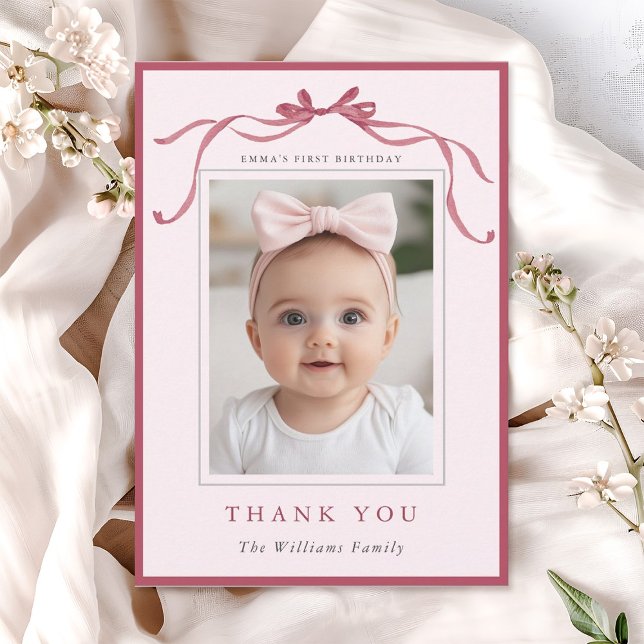 Tarjeta De Agradecimiento Blush Pink Red Bow Simple Birthday Photo  (Subido por el creador)