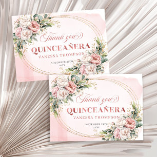 Tarjeta De Agradecimiento Blush Rosa Boho Verdura Floral Quinceañera Gracias