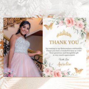 Tarjeta De Agradecimiento Blush Rosa Floral Corona Dorada Quinceañera Foto 