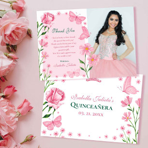 Tarjeta De Agradecimiento Blush Rosa Mariposas Florales Foto Quinceañera