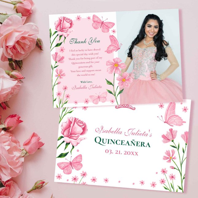 Tarjeta De Agradecimiento Blush Rosa Mariposas Florales Foto Quinceañera (Blush Pink Floral Butterflies Photo Quinceañera Thank You Card)