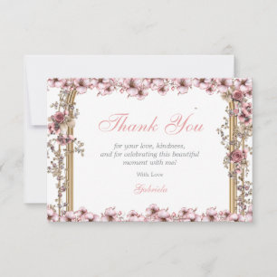 Tarjeta De Agradecimiento Blush Rosa Plata Tiara Floral Quinceañera